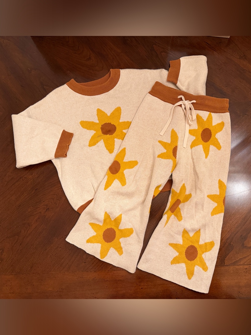 Cream Knit Sweater & Pants Set with Yellow Sunflower Motif